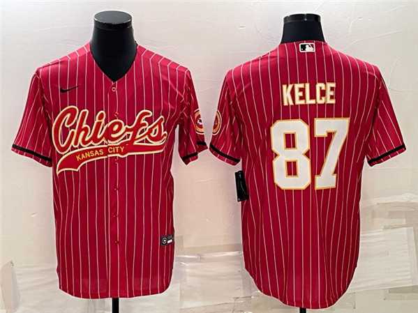 Mens Kansas City Chiefs #87 Travis Kelce Red With Patch Cool Base Stitched Baseball Jersey